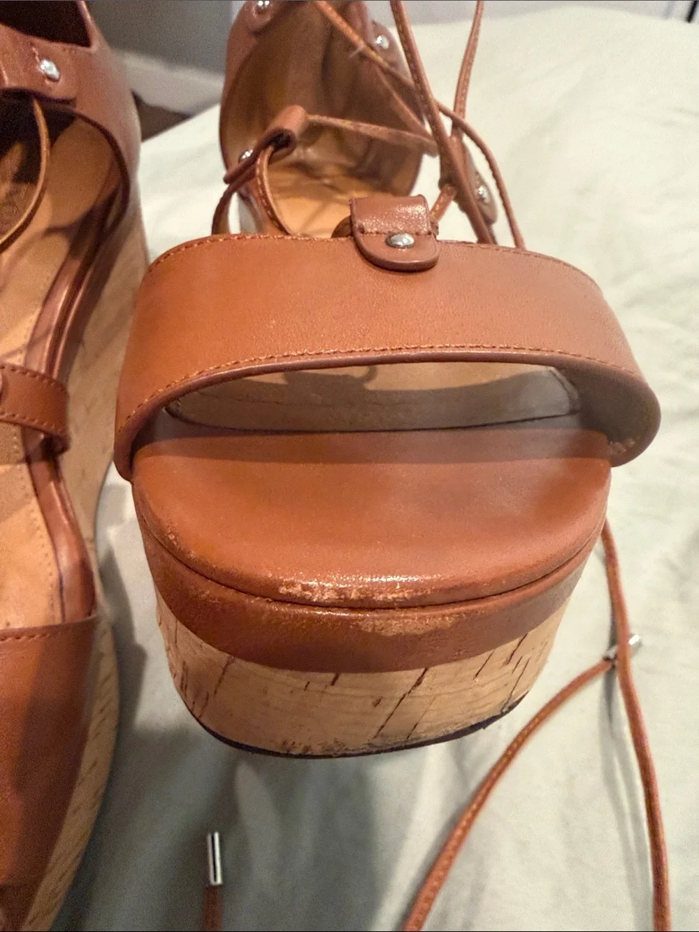 Coach Brown Lace-Up Cork Wedge Sandals